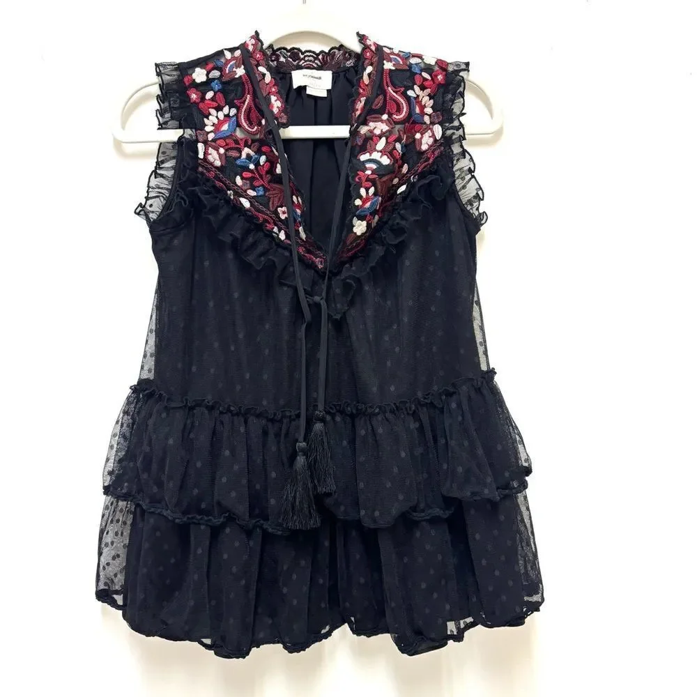 kate spade Camelia Embroidered Peplum Top – Black, Sleeveless, Size S